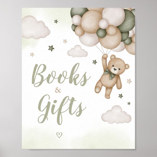 Groen Beer Balloon Baby shower Boeken en geschenke Poster (Voorkant)