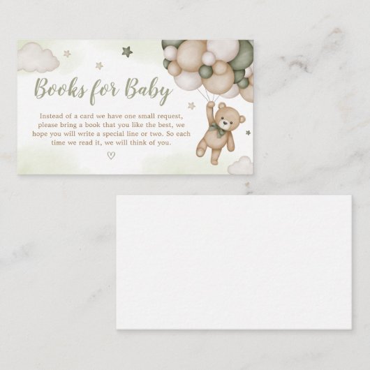 Groen Beer Balloon Baby shower Boeken voor Baby Informatiekaartje (Voorkant / Achterkant)