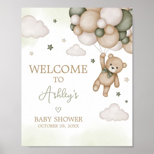 Groen Beer Balloon Baby shower Welkom Poster (Voorkant)
