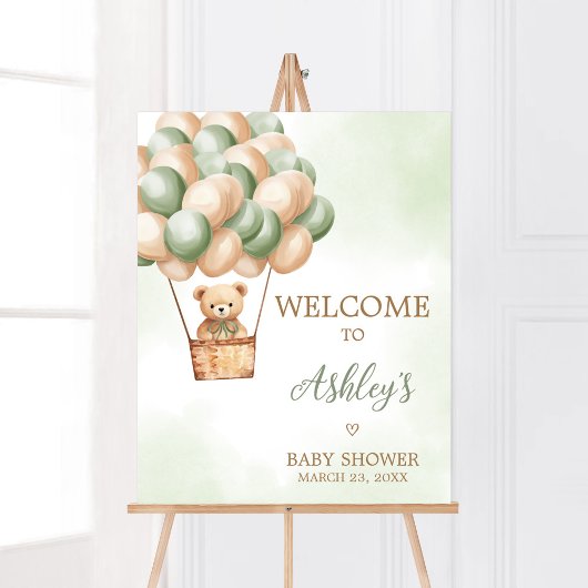 Groen Beer Hete Luchtballon Baby shower Welkom Poster