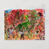 Groen beest in rode bomen briefkaart (Voorkant)