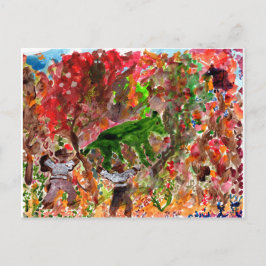 Groen beest in rode bomen briefkaart