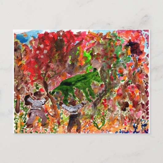 Groen beest in rode bomen briefkaart (Voorkant)