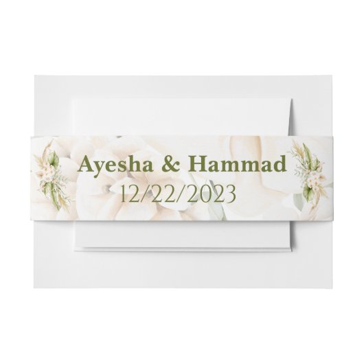 Groen & Beige Bloemen Bruiloft Uitnodiging Belly B Uitnodigingen Wikkel (Voorkant Voorbeeld)