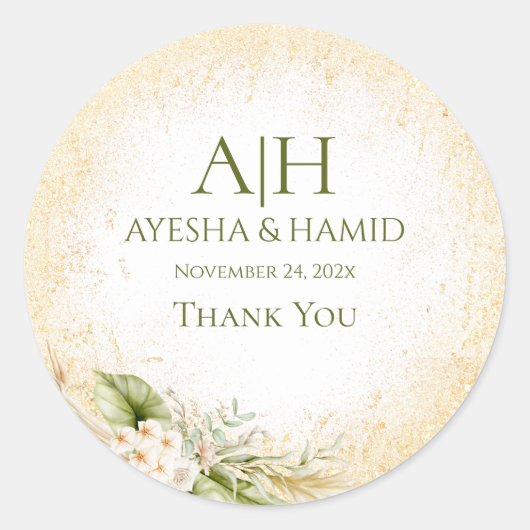 Groen & Beige Bloemen Islamitisch/Moslim Bruiloft  Ronde Sticker (Voorkant)
