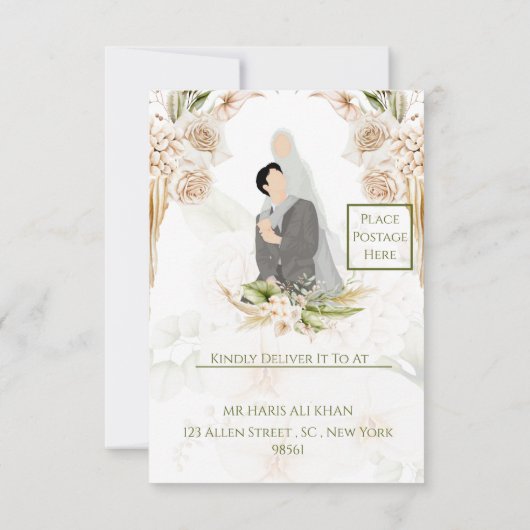 Groen & Beige Bloemen Islamitische Moslim bruiloft RSVP Kaartje (Achterkant)