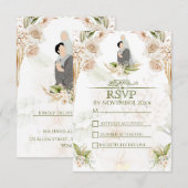 Groen & Beige Bloemen Islamitische Moslim bruiloft RSVP Kaartje (Voorkant / Achterkant)