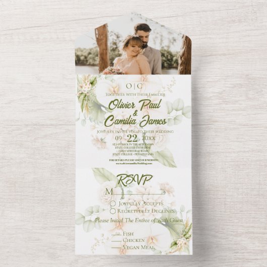 Groen Beige Bloemenbruiloft Nodig RSVP ALL IN ONE All In One Uitnodiging (Binnen)