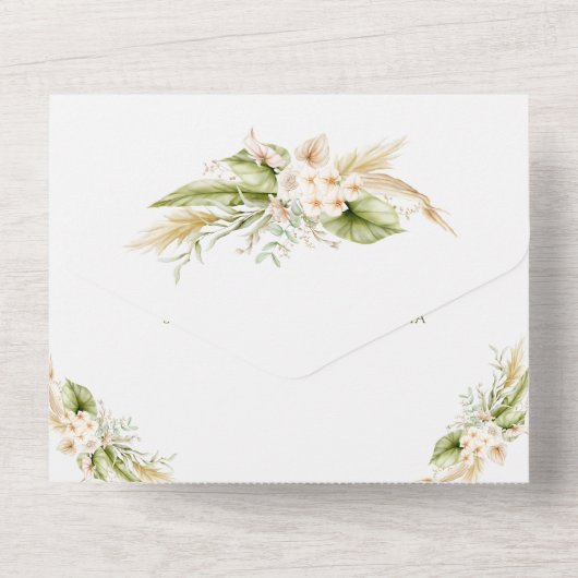 Groen Beige Bloemenbruiloft Nodig RSVP ALL IN ONE All In One Uitnodiging (Achterkant)