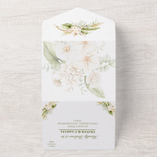 Groen Beige Bloemenbruiloft Nodig RSVP ALL IN ONE Uitnodiging