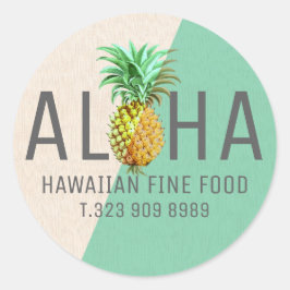 Groen & Beige Linnen Tekst Aloha Met Ananas Ronde Sticker