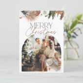 Groen Beige Rustieke Boog Foto Kerst Kaart (Staand voorkant)