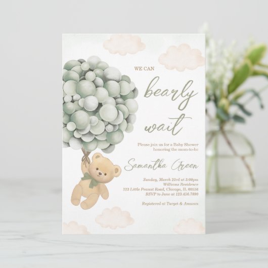 Groen Beren ballon Baby shower Kaart (Staand voorkant)