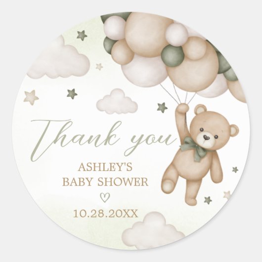 Groen Beren ballon Baby shower Ronde Sticker (Voorkant)