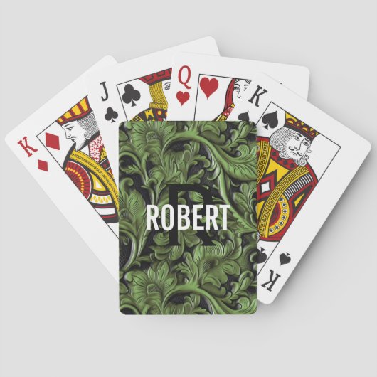 Groen bewerkt leer monogram naam pokerkaarten (Achterkant)