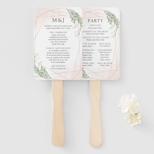 Groen Blad & Blush Trouwprogramma Handwaaier (Voorkant en achterkant)