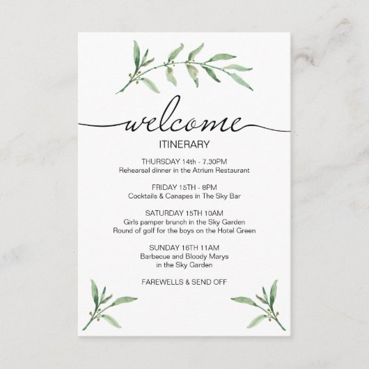Groen blad bruiloft weekend welkom geïllustreerd informatiekaartje (Voorkant)