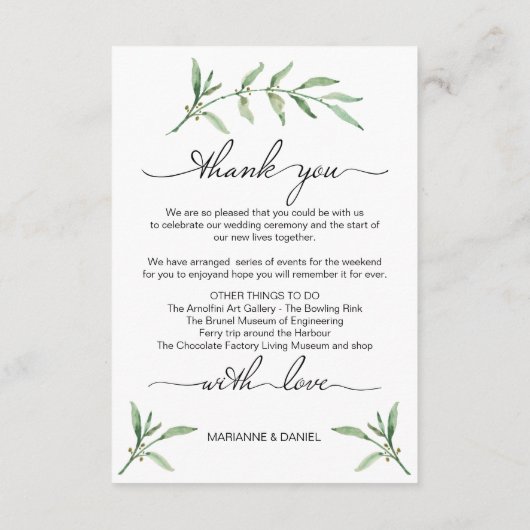 Groen blad bruiloft weekend welkom geïllustreerd informatiekaartje (Achterkant)