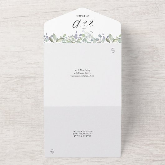 groen blad elegante script bruiloft all in one uitnodiging (Buitenkant)