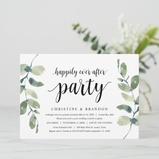 Groen Blad Eucalyptus, Zwarte Inkt, Trouwen Elopem Kaart (Staand voorkant)