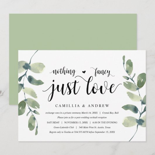 Groen Blad Eucalyptus, Zwarte Inkt, Trouwen Elopem Kaart (Voorkant / Achterkant)