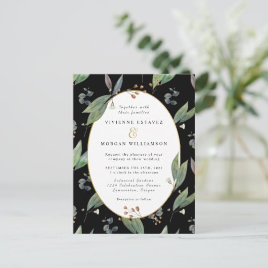 Groen blad gebladerte zwart goud bruiloft uitnodig briefkaart (Staand voorkant)