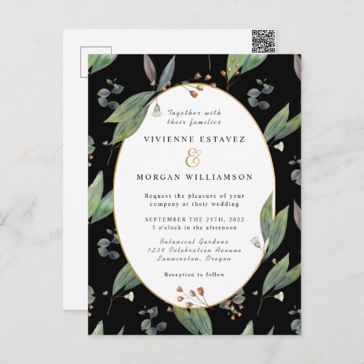 Groen blad gebladerte zwart goud bruiloft uitnodig briefkaart (Voorkant / Achterkant)