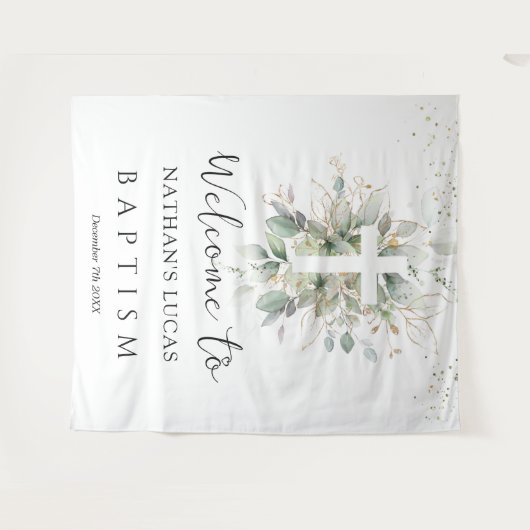 Groen Blad Kruis Baby Doop  Wandkleed (Voorkant (horizontaal))