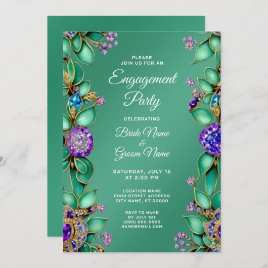 Groen blad Paarse edelsteen Verloving uitnodiging (Voorkant / Achterkant)