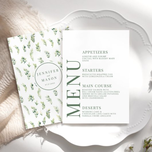 Groen blad rustieke botanische bruiloft menukaarte informatiekaartje