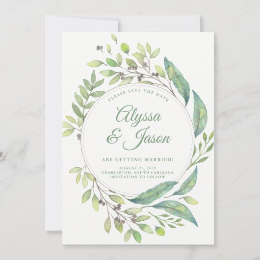 Groen blad | Save the Date met foto en namen (Voorkant)