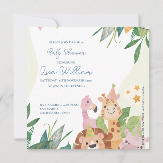 Groen blad Schattige Safari Dieren Thema Baby show (Voorkant)