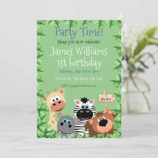 Groen blad Zoo Dier Verjaardag Uitnodiging bewerkb (Staand voorkant)