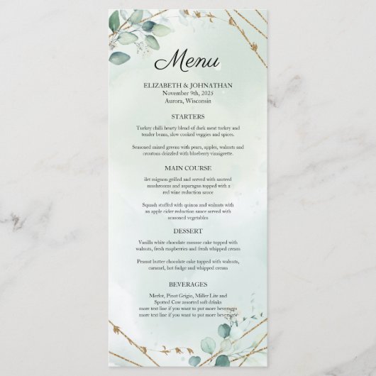 groen bladeren gouden geometrische Lijst bruiloft Menu (Voorkant)