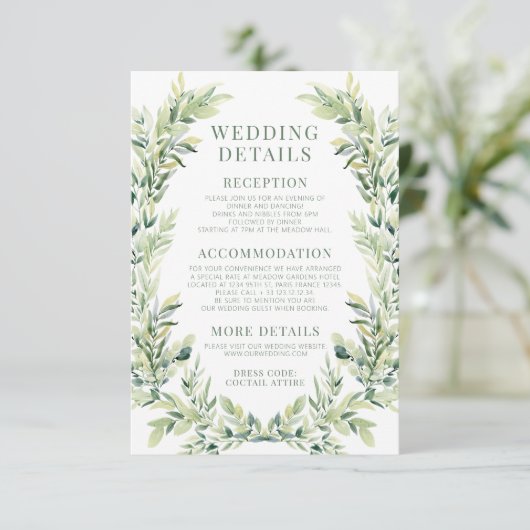 Groen bladeren krans boho bruiloft details Kaart (Staand voorkant)