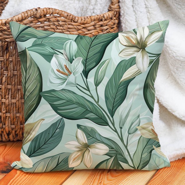 Groen Bladeren Witte Lelies Botanische Bloemengroe Kussen (Green Leaves White Lilys Botanical Floral Greenery Throw Pillow)