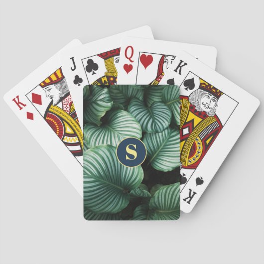Groen bladerontwerp, geel monogram pokerkaarten (Achterkant)