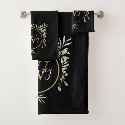 Groen bladgoud Monogram Chic Script Zwart Bad Handdoek (Insitu)