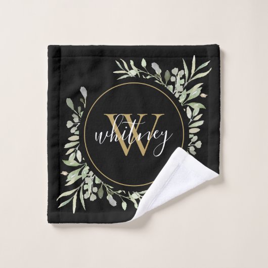 Groen bladgoud Monogram Chic Script Zwart Bad Handdoek (Wasdoekje)