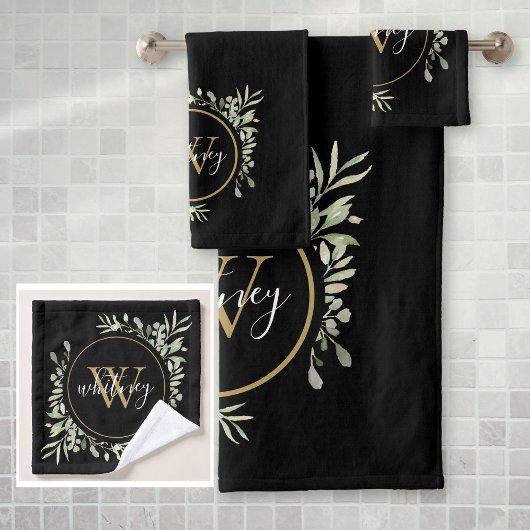 Groen bladgoud Monogram Chic Script Zwart Bad Handdoek