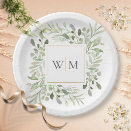 Groen bladgoud Monogram Trouwpapierbord Papieren Bordje