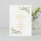 Groen Bladgroen Eerste Heilige Communie Goud Folie Uitnodiging (Staand Voorkant)