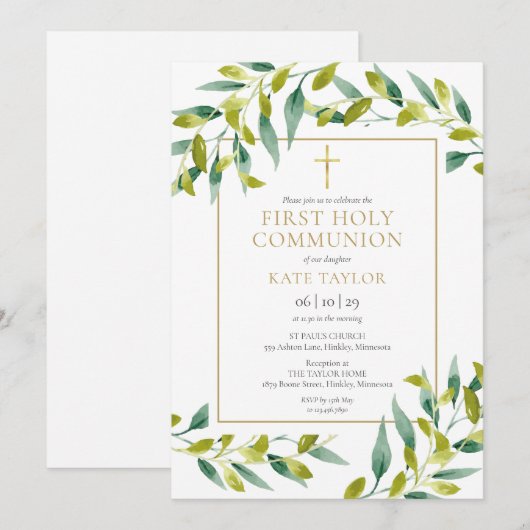 Groen Bladgroen Eerste Heilige Communie Kaart (Voorkant / Achterkant)