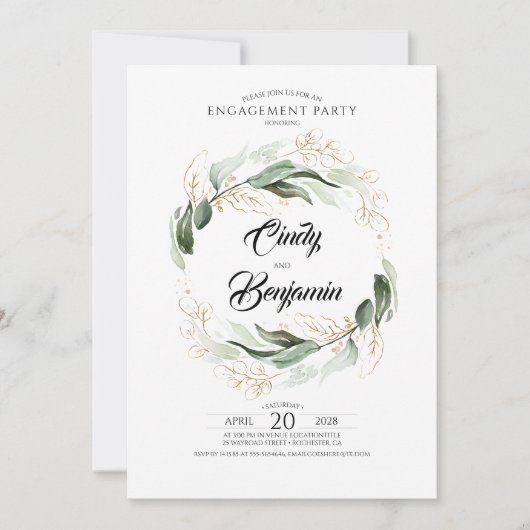 Groen Bladgroen en Goud Verlovingsfeest Kaart (Voorkant)