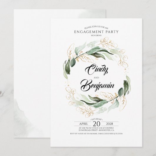 Groen Bladgroen en Goud Verlovingsfeest Kaart (Voorkant / Achterkant)