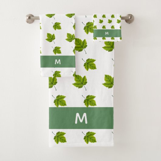 Groen bladpatroon en monogram op wit bad handdoek (Insitu)
