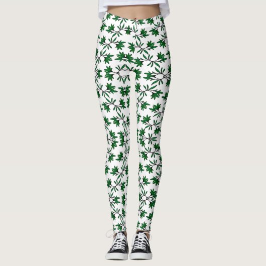Groen bladpatroon op wit leggings (Voorkant)