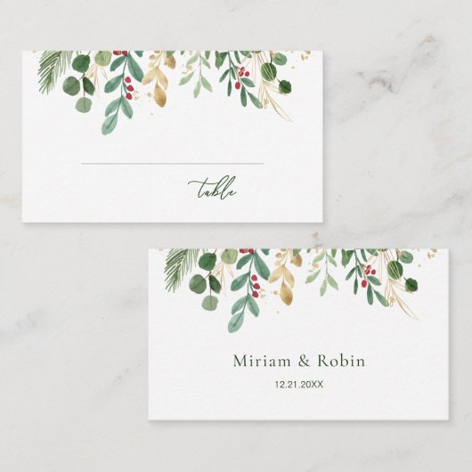 Groen Bladwerk Rode Bes Kerst Huwelijk Plaatskaartje (Voorkant / Achterkant)