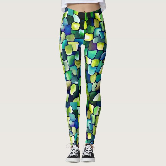 Groen Blauw Abstract Waterverf grillig patroon Leggings (Voorkant)