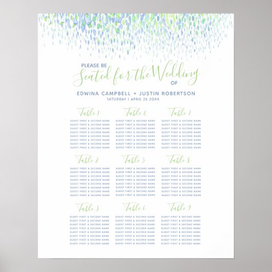 Groen blauw abstract waterverf trouwtafelplan poster (Voorkant)